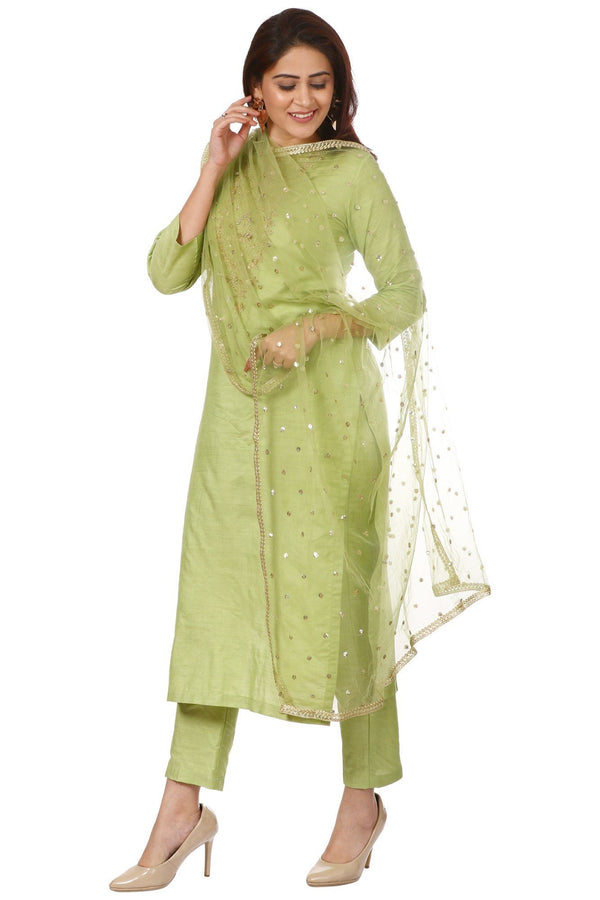anokherang Combos Pista Green Embroidered Kurti and Straight Pants with Pista Green Net Dupatta