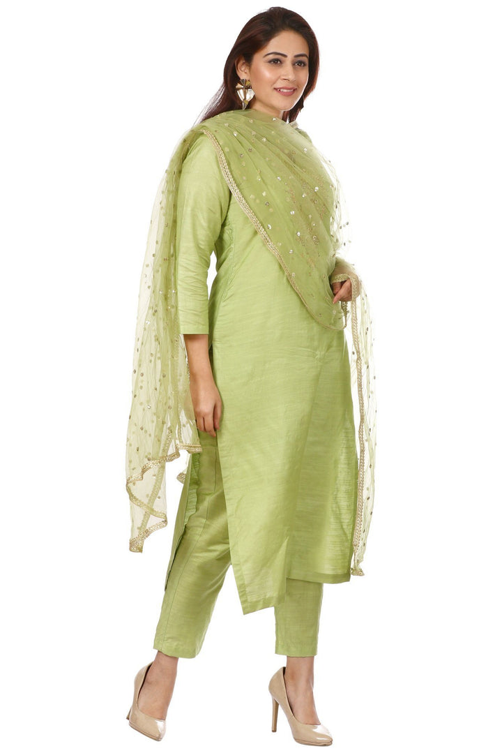 anokherang Combos Pista Green Embroidered Kurti and Straight Pants with Pista Green Net Dupatta