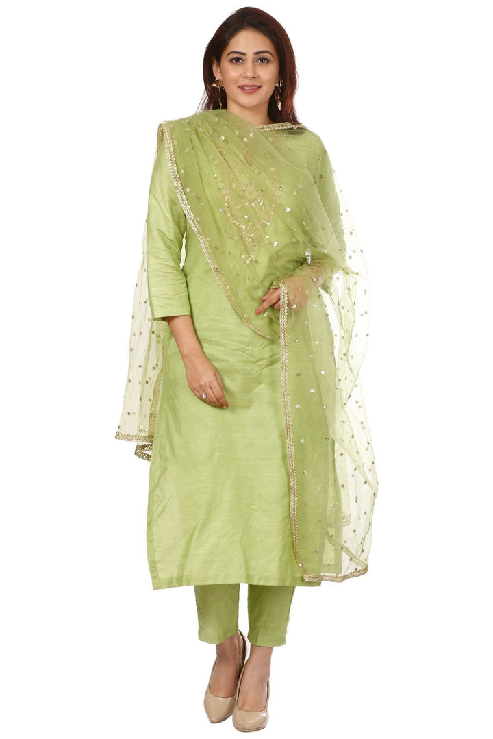 anokherang Combos Pista Green Embroidered Kurti and Straight Pants with Pista Green Net Dupatta