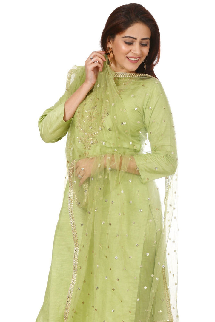 anokherang Combos Pista Green Embroidered Kurti and Straight Pants with Pista Green Net Dupatta