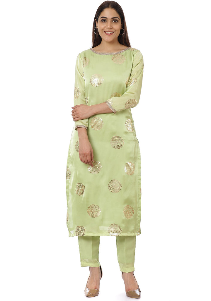 anokherang Combos Pista Green Foil Straight Kurti with Straight Pants