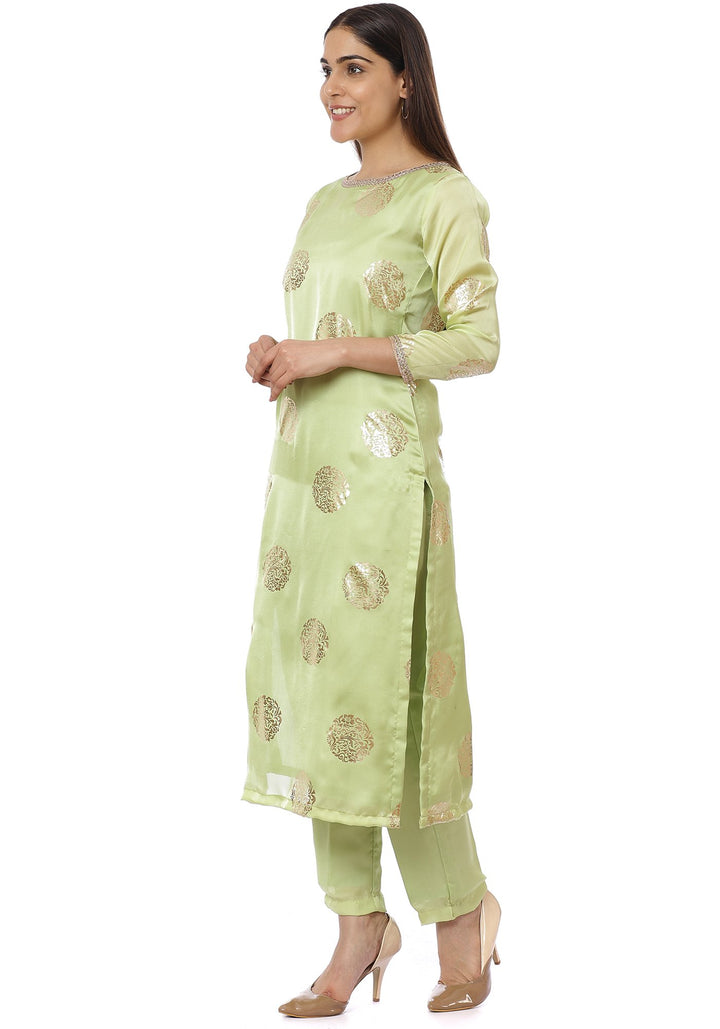 anokherang Combos Pista Green Foil Straight Kurti with Straight Pants