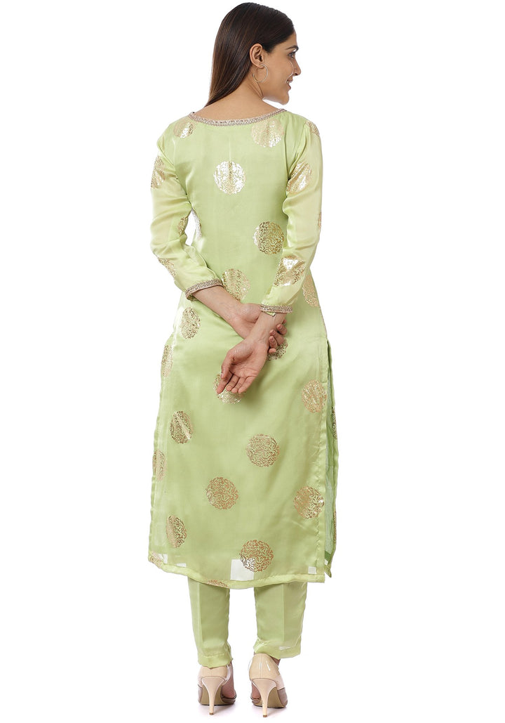 anokherang Combos Pista Green Foil Straight Kurti with Straight Pants