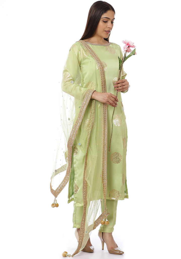 anokherang Combos Pista Green Foil Straight Kurti with Straight Pants and Net Mirror Stone Dupatta