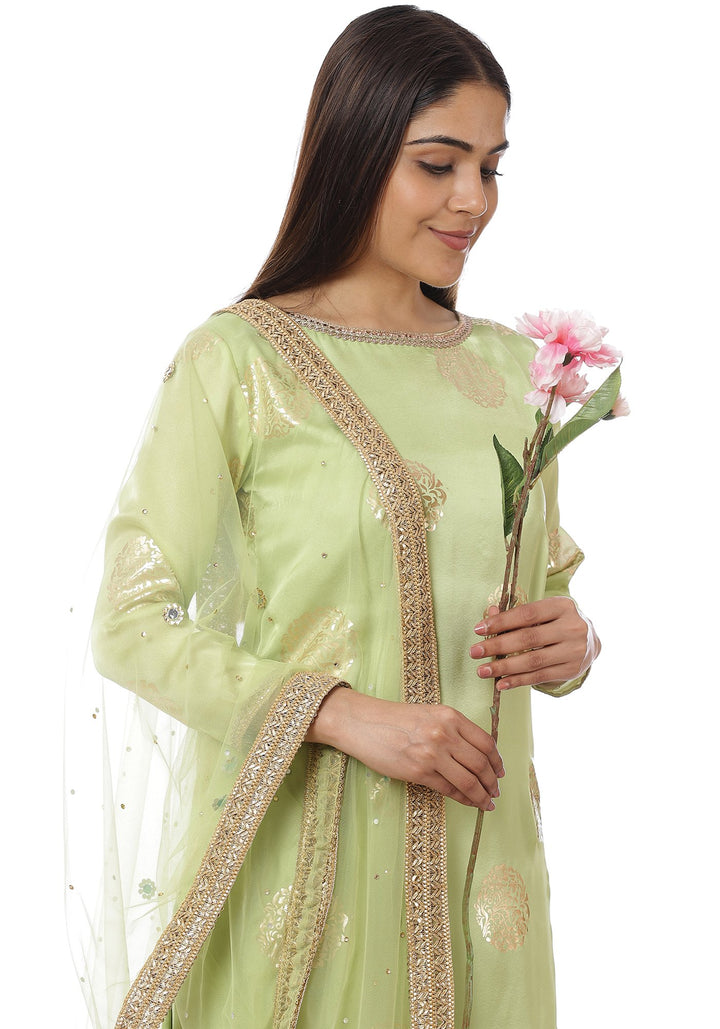 anokherang Combos Pista Green Foil Straight Kurti with Straight Pants and Net Mirror Stone Dupatta