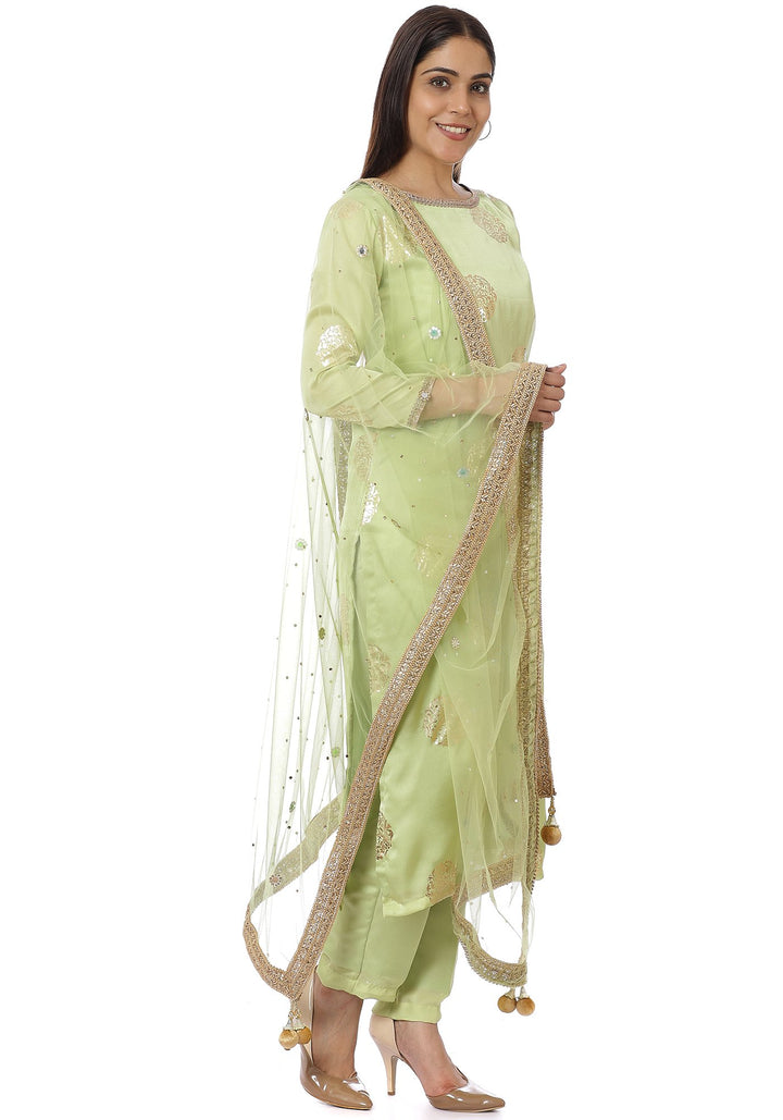 anokherang Combos Pista Green Foil Straight Kurti with Straight Pants and Net Mirror Stone Dupatta