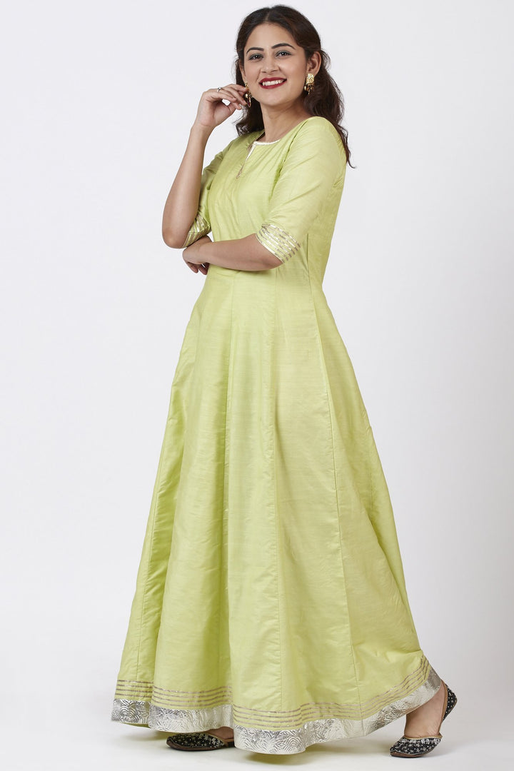 anokherang Combos Pista Green Gotta Floor Length Silk Kurti Dress