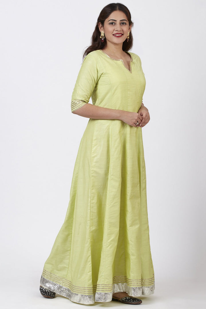 anokherang Combos Pista Green Gotta Floor Length Silk Kurti Dress