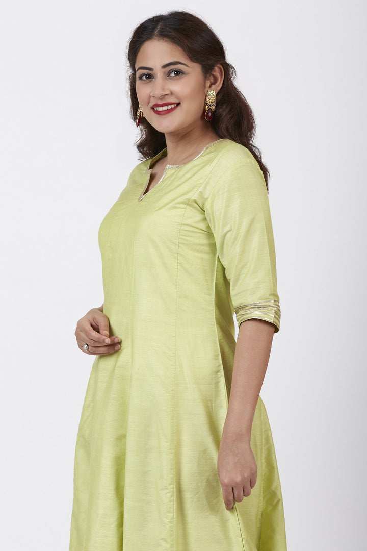 anokherang Combos Pista Green Gotta Floor Length Silk Kurti Dress
