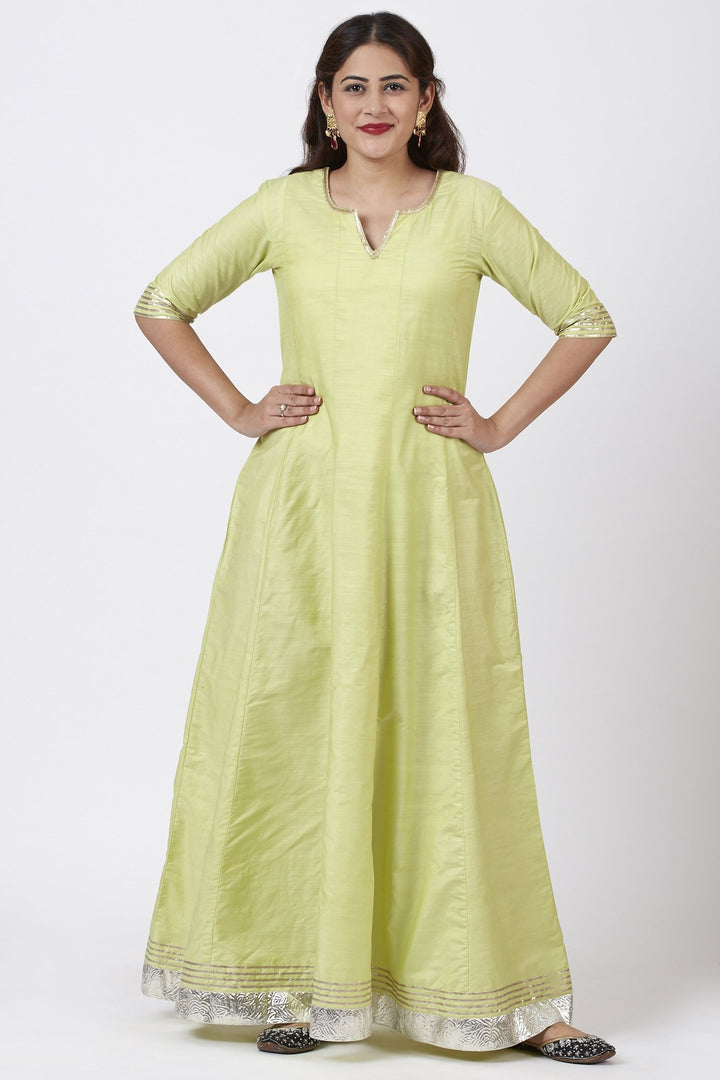 anokherang Combos Pista Green Gotta Floor Length Silk Kurti Dress