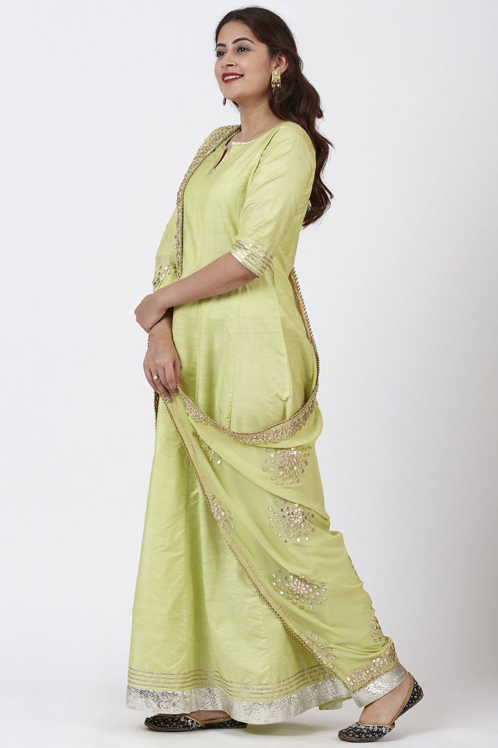 anokherang Combos Pista Green Gotta Floor Length Silk Kurti Dress with Gotta Patti Floral Chiffon Dupatta