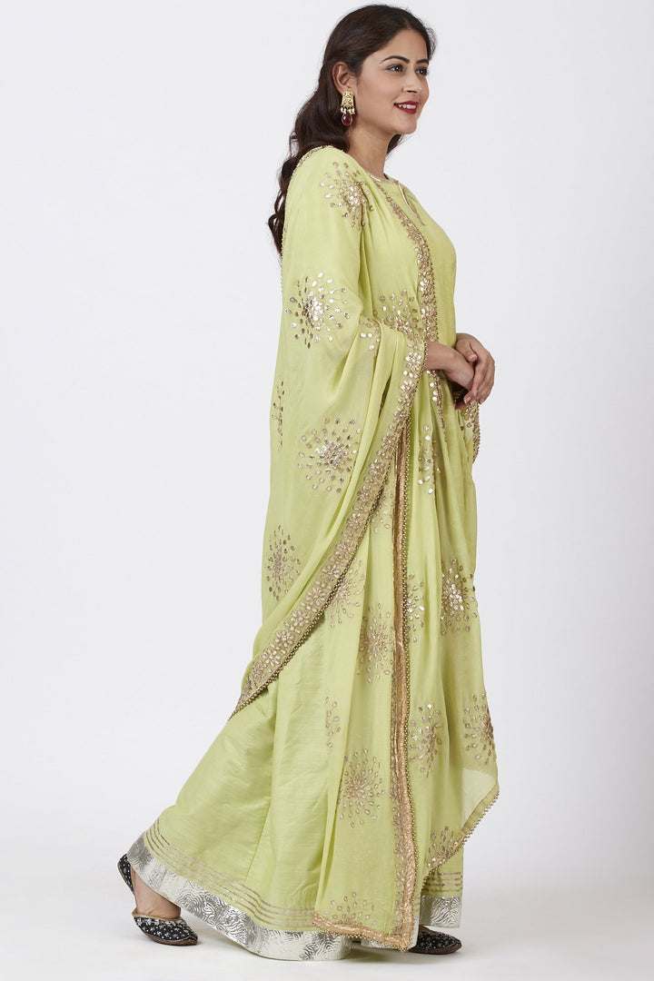 anokherang Combos Pista Green Gotta Floor Length Silk Kurti Dress with Gotta Patti Floral Chiffon Dupatta
