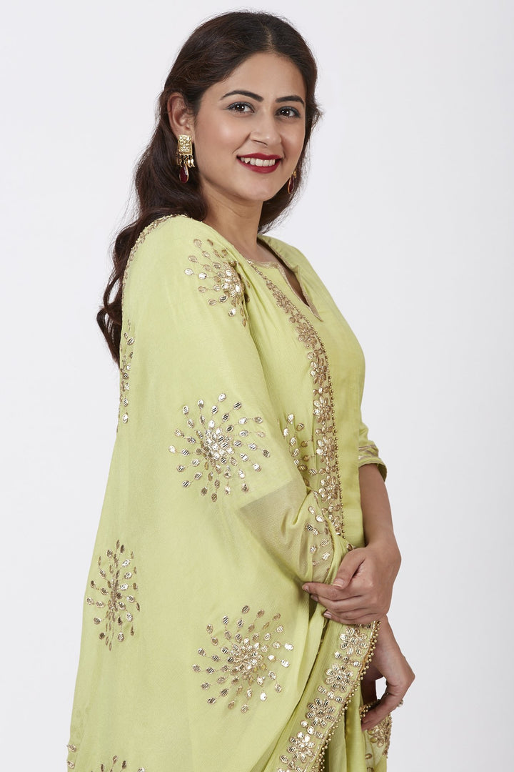 anokherang Combos Pista Green Gotta Floor Length Silk Kurti Dress with Gotta Patti Floral Chiffon Dupatta