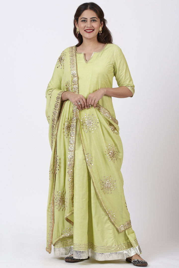 anokherang Combos Pista Green Gotta Floor Length Silk Kurti Dress with Gotta Patti Floral Chiffon Dupatta
