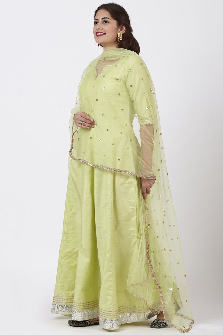 anokherang Combos Pista Green Kurti Dress with Net Sequins Dupatta