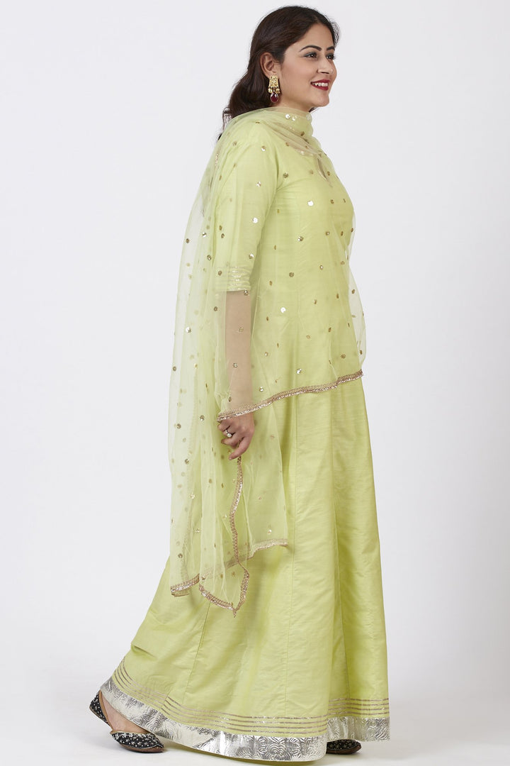 anokherang Combos Pista Green Kurti Dress with Net Sequins Dupatta