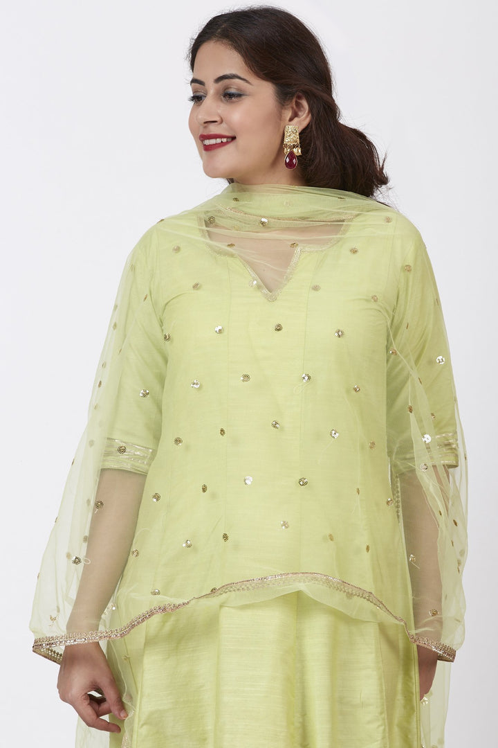 anokherang Combos Pista Green Kurti Dress with Net Sequins Dupatta
