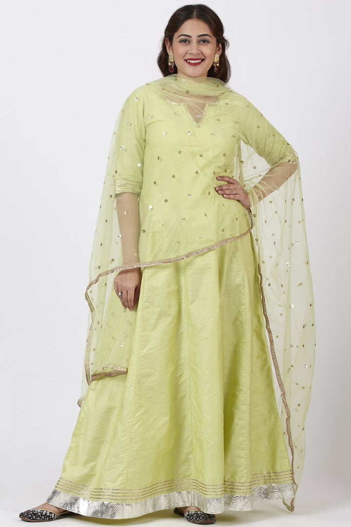 anokherang Combos Pista Green Kurti Dress with Net Sequins Dupatta