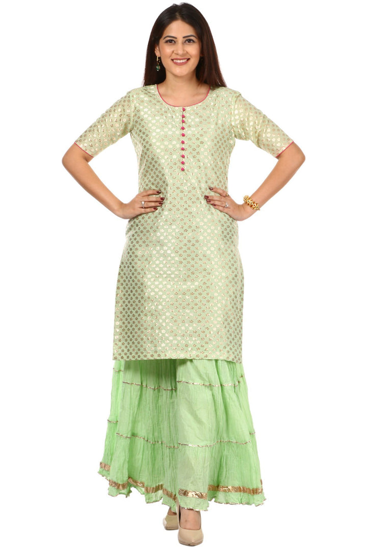 anokherang Combos Pista Green Short Kurti with Crushed Sharara and Banarsi Leaf Pista Dupatta