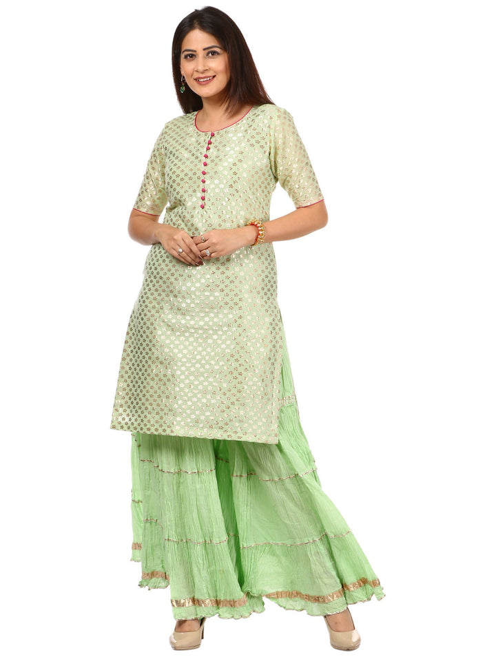 anokherang Combos Pista Green Short Kurti with Crushed Sharara and Banarsi Leaf Pista Dupatta