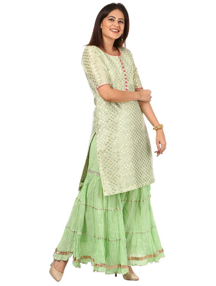 anokherang Combos Pista Green Short Kurti with Crushed Sharara and Banarsi Leaf Pista Dupatta