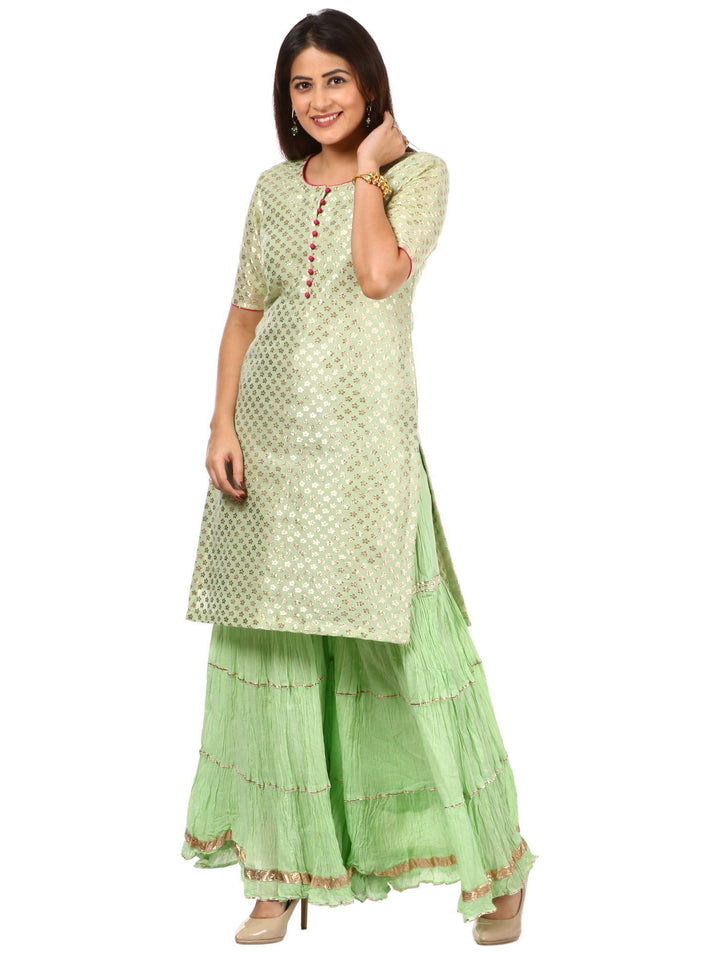 anokherang Combos Pista Green Short Kurti with Crushed Sharara and Banarsi Leaf Pista Dupatta