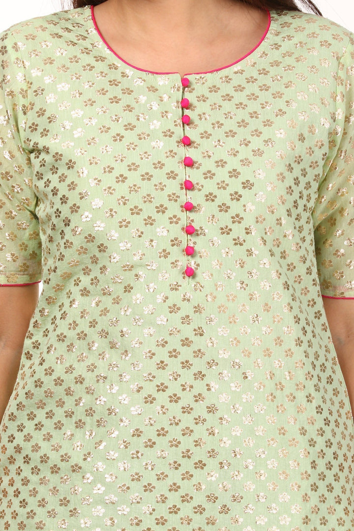 anokherang Combos Pista Green Short Kurti with Crushed Sharara and Banarsi Leaf Pista Dupatta