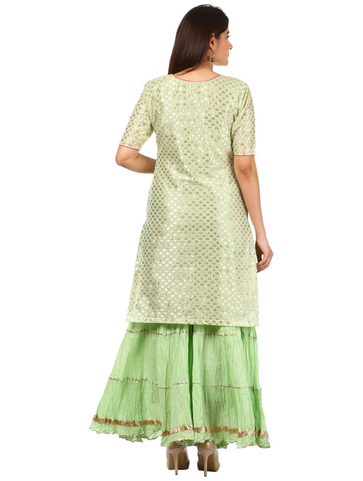 anokherang Combos Pista Green Short Kurti with Crushed Sharara and Banarsi Leaf Pista Dupatta