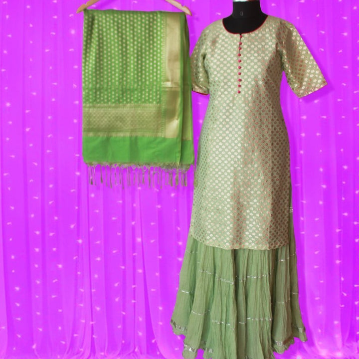 anokherang Combos Pista Green Short Kurti with Crushed Sharara and Banarsi Leaf Pista Dupatta