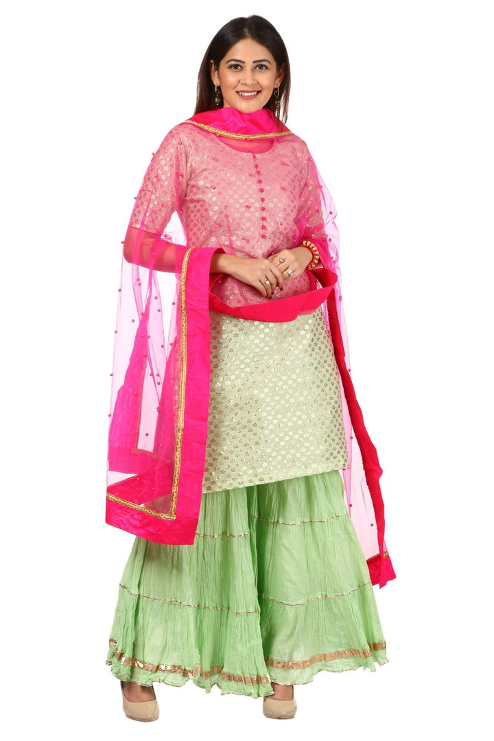 anokherang Combos Pista Green Short Kurti with Crushed Sharara and Hot Pink Pearls Dupatta