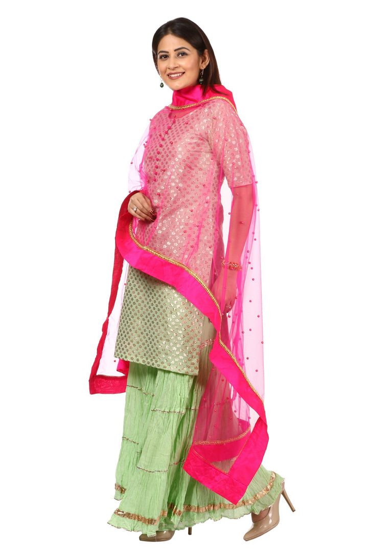 anokherang Combos Pista Green Short Kurti with Crushed Sharara and Hot Pink Pearls Dupatta