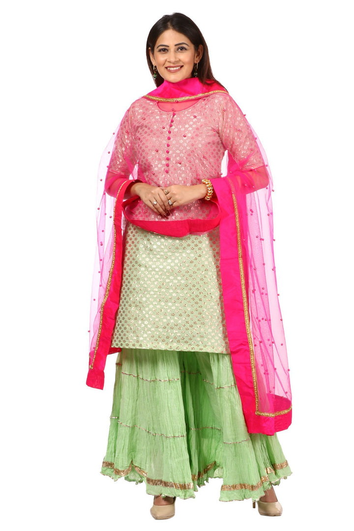 anokherang Combos Pista Green Short Kurti with Crushed Sharara and Hot Pink Pearls Dupatta