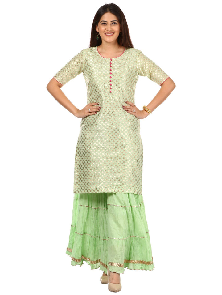 anokherang Combos Pista Green Short Kurti with Crushed Sharara and Hot Pink Pearls Dupatta