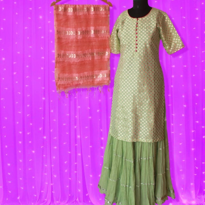 anokherang Combos Pista Green Short Kurti with Crushed Sharara and Peach Gotta Leaf Dupatta