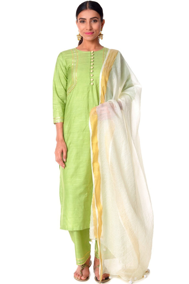 anokherang Combos Pista Green Silk Gota Lines Kurti with Straight Palazzos and Off-White Kota Dupatta