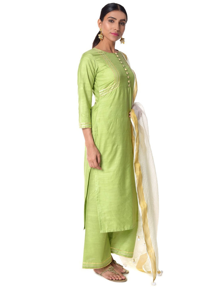 anokherang Combos Pista Green Silk Gota Lines Kurti with Straight Palazzos and Off-White Kota Dupatta