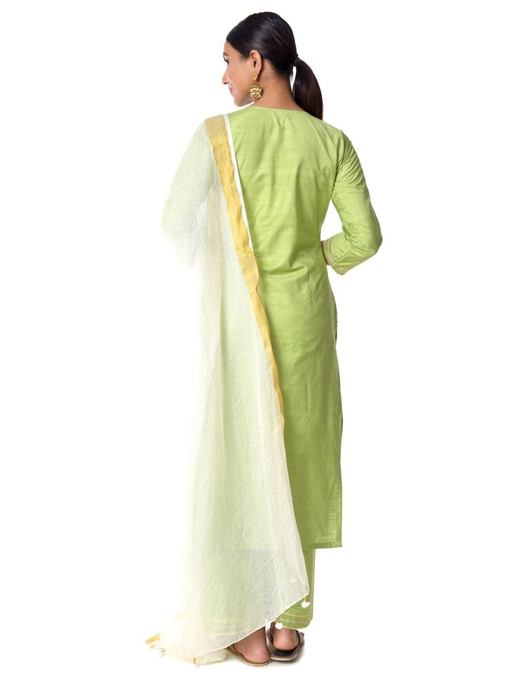 anokherang Combos Pista Green Silk Gota Lines Kurti with Straight Palazzos and Off-White Kota Dupatta