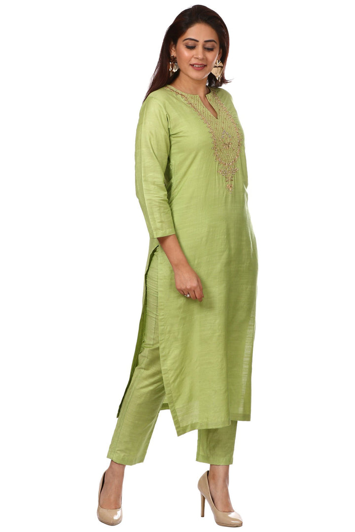 anokherang Combos Pista Green Silk Gotta Pearls Embroidered Kurti with Straight Pants