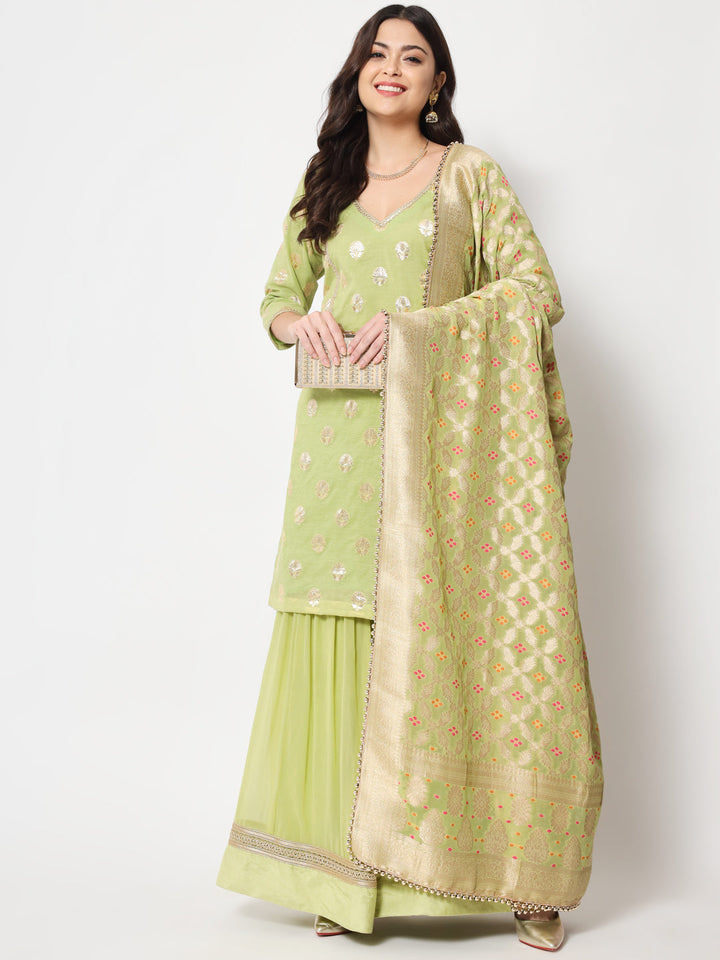 anokherang Combos Pista Lotus Chanderi Kurti with Sharara and Dupatta