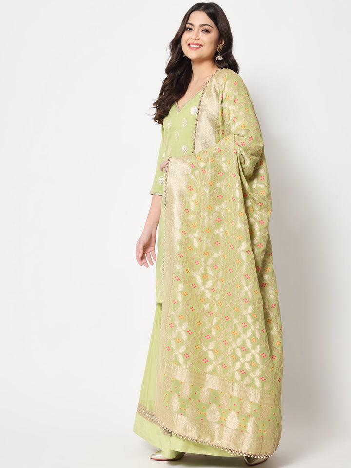 anokherang Combos Pista Lotus Chanderi Kurti with Sharara and Dupatta