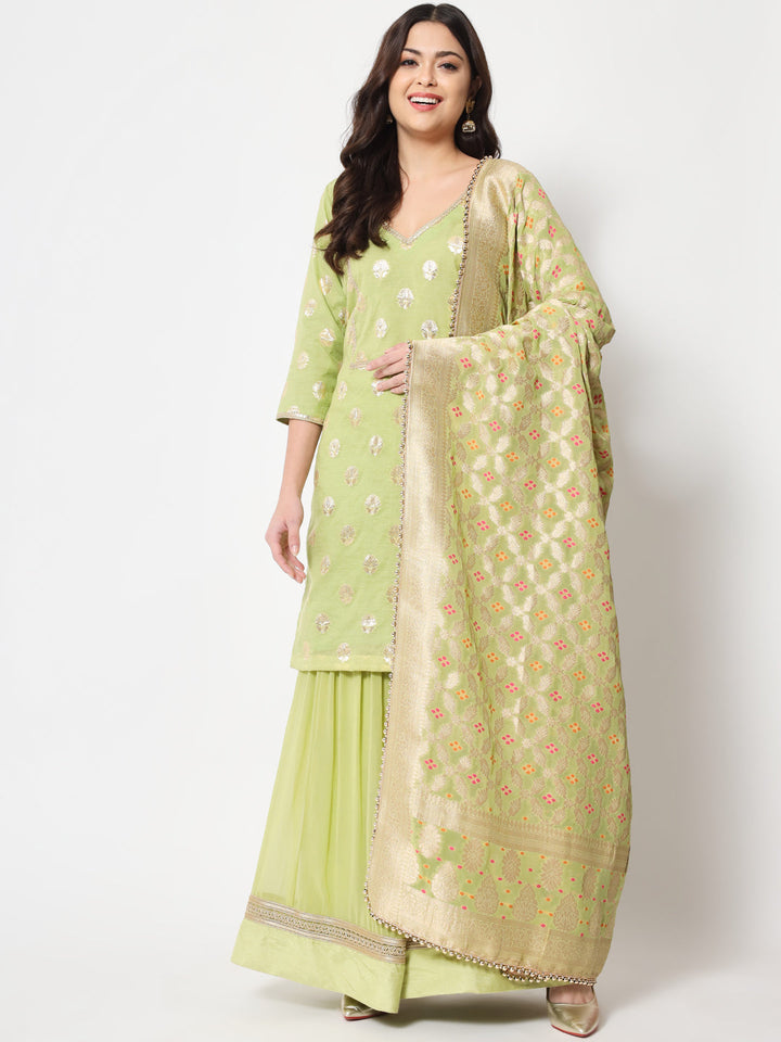 anokherang Combos Pista Lotus Chanderi Kurti with Sharara and Dupatta