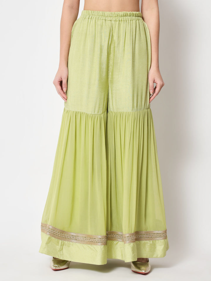 anokherang Combos Pista Lotus Chanderi Kurti with Sharara and Dupatta
