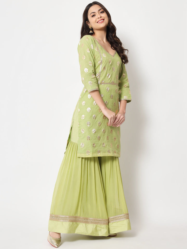 anokherang Combos Pista Lotus Chanderi Kurti with Sharara and Dupatta