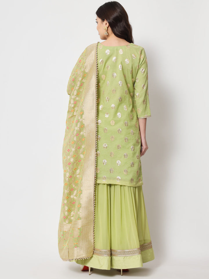 anokherang Combos Pista Lotus Chanderi Kurti with Sharara and Dupatta