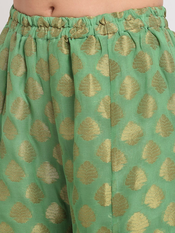 anokherang Combos Pistachio Gold Kurti with Kalidaar Palazzo and Sequenced Net Dupatta