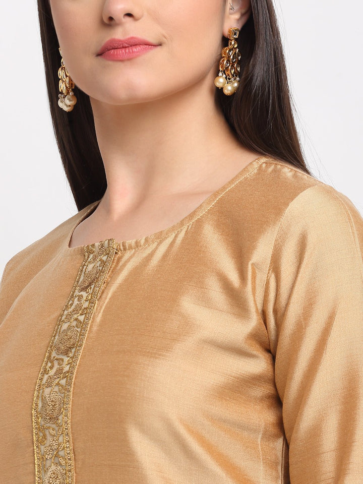 anokherang Combos Pistachio Gold Kurti with Kalidaar Palazzo and Sequenced Net Dupatta