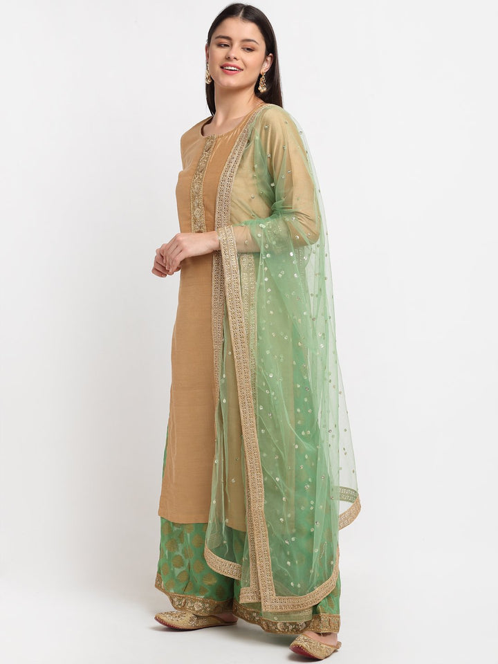 anokherang Combos Pistachio Gold Kurti with Kalidaar Palazzo and Sequenced Net Dupatta