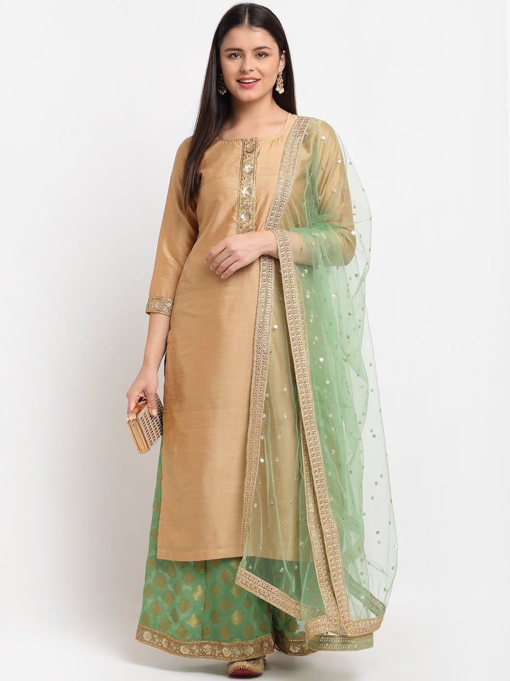 anokherang Combos Pistachio Gold Kurti with Kalidaar Palazzo and Sequenced Net Dupatta