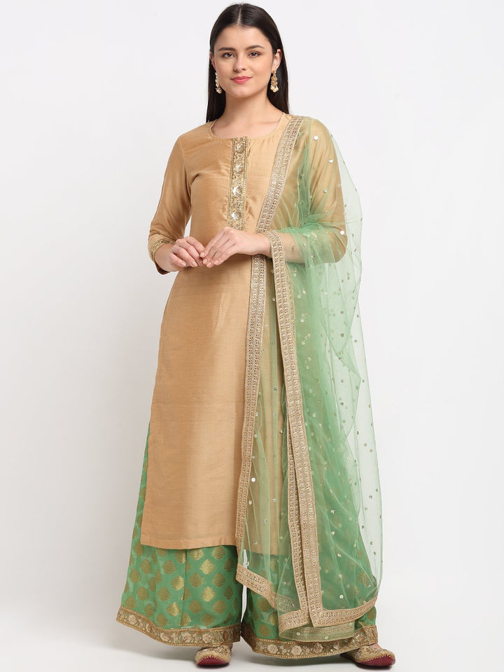 anokherang Combos Pistachio Gold Kurti with Kalidaar Palazzo and Sequenced Net Dupatta