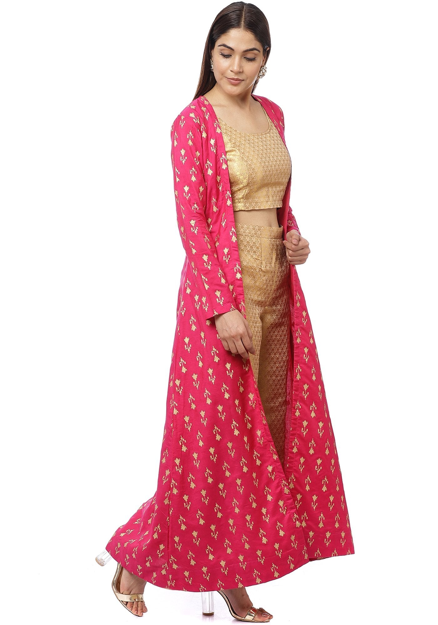 anokherang combos pixie pink jacket style kurti with gold brocade blouse and palazzo 14554018807939